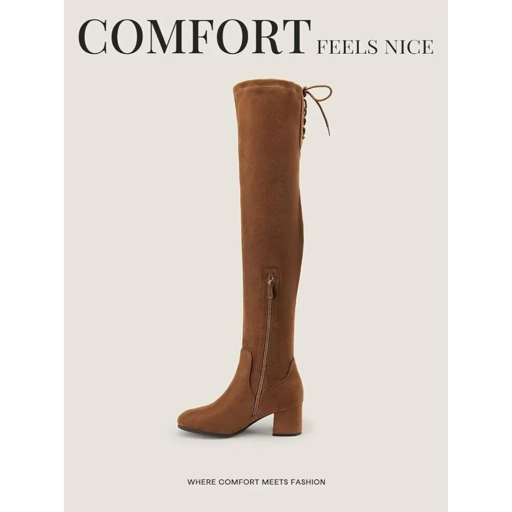 Women's Brown/Suede Faux Leather Over The Knee Thigh High Chunky Heel Long Boots